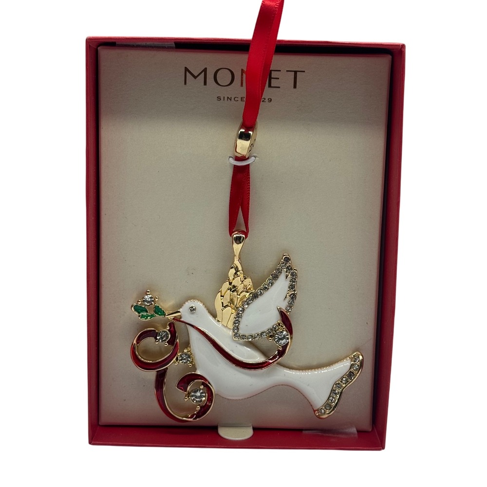 Monet 2025 Christmas Ornament White Dove Gold Tone Enamel Rhinestone RPCHN010023
